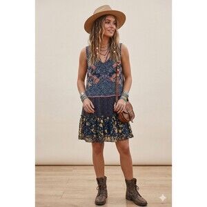 Boho Patchwork Floral Babydoll Dress Keyhole Tie Neck Tiered Ruffle Size Large